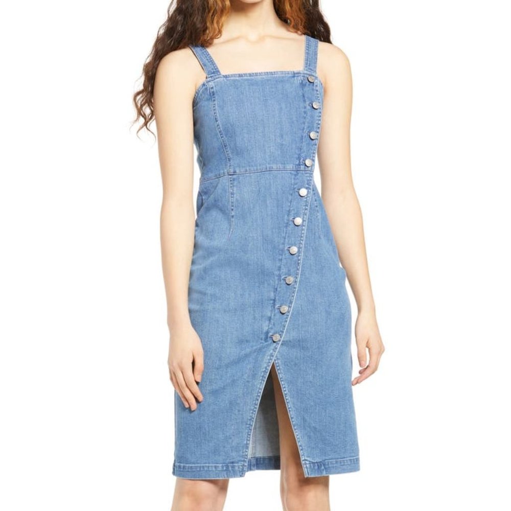Vero Moda Julia Asymmetrical Button Front Denim Sundress, Large